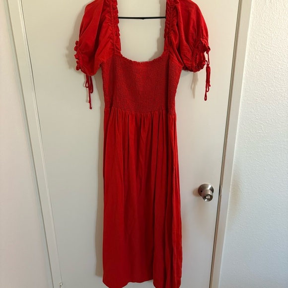 Kinga Csilla Red Smocked Puff Tie Sleeve Maxi Dress Women’s US Size 6 Holiday - Picture 7 of 11
